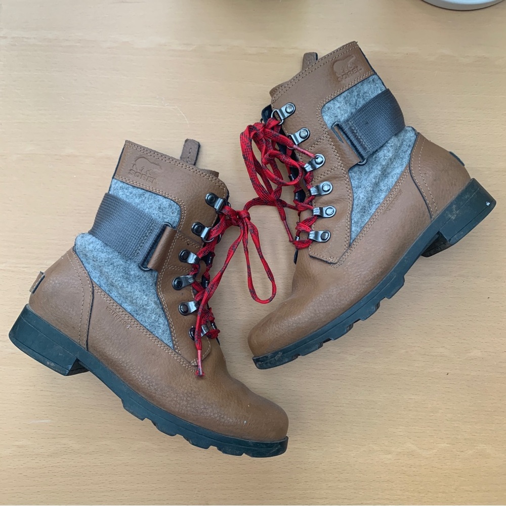 Sorel Kids Brown and Gray Boots with Red Accents